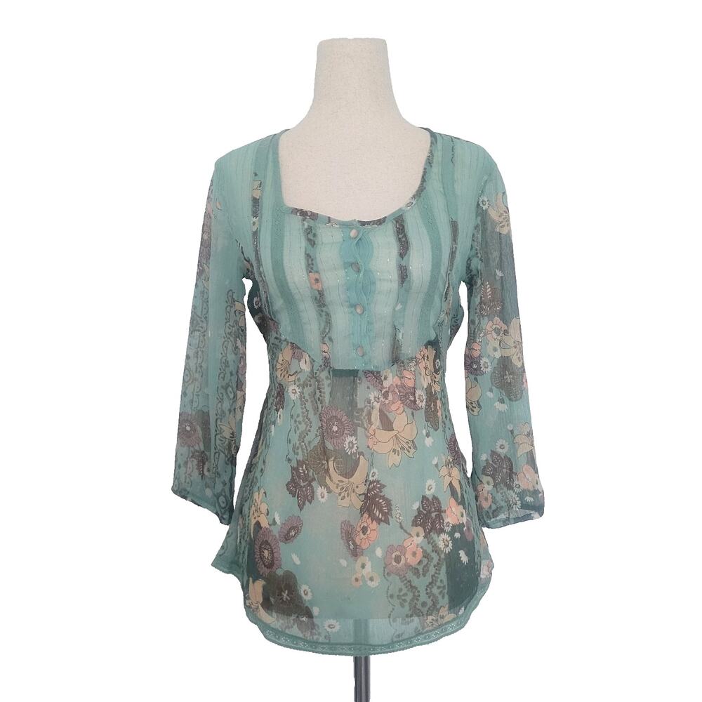 Y2K Sheer Floral Babydoll Button Top Size XS Blue Fairy Boho Hippie Festival